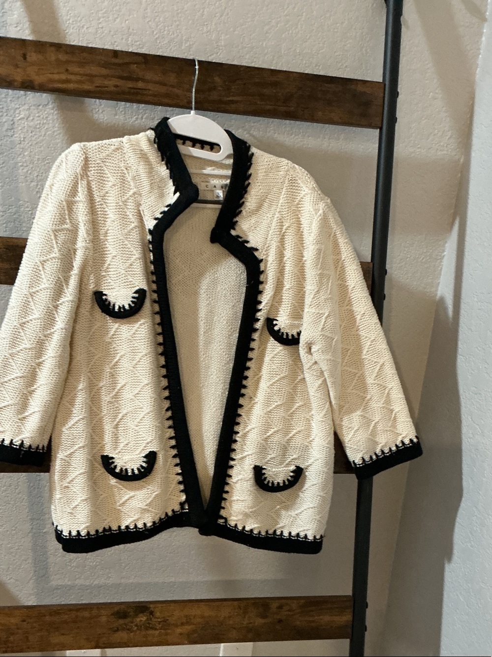 CAbi Cream Knit Jacket with Black Trim